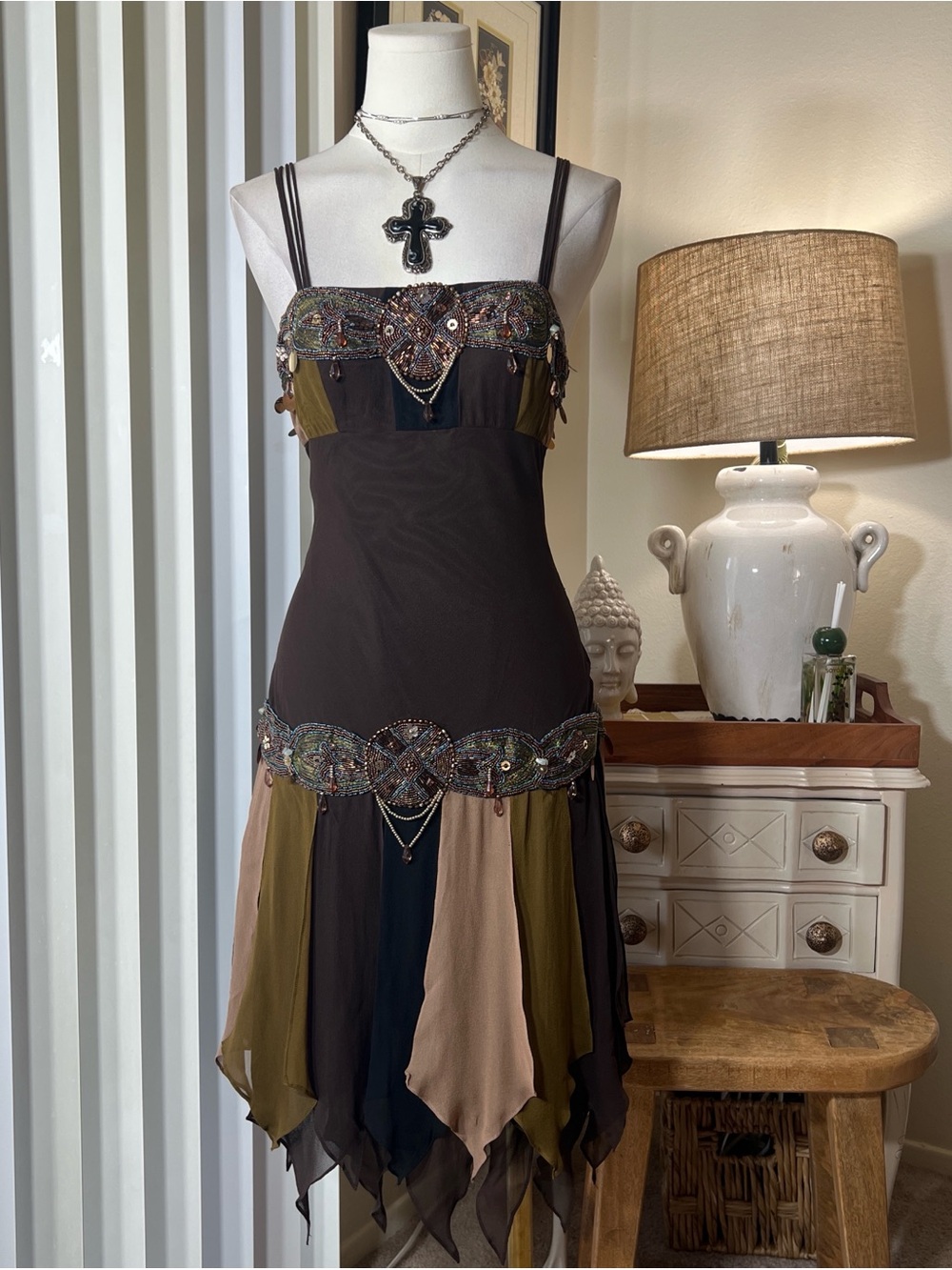 Sue Wong Brown Olive Black Patchwork Beaded Cocktail Dress